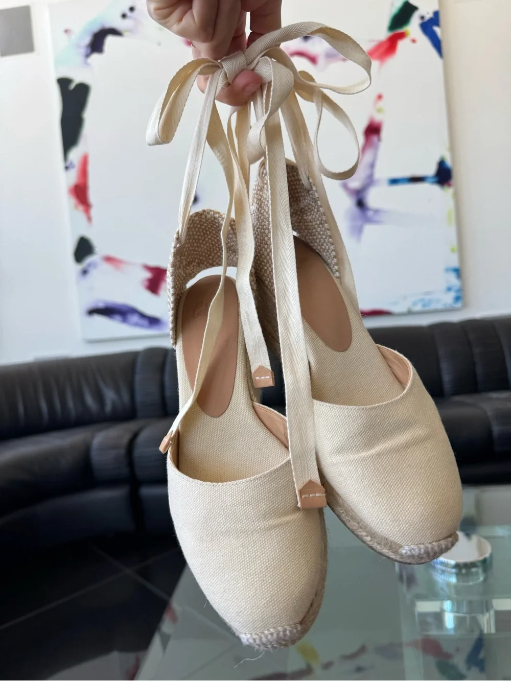 Beige Canvas Espadrille Wedge with Ankle Ties